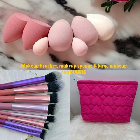 Makeup Sponge and Brush Set with Pink Heart Cosmetic or Travel Bag - Picture 1 of 11
